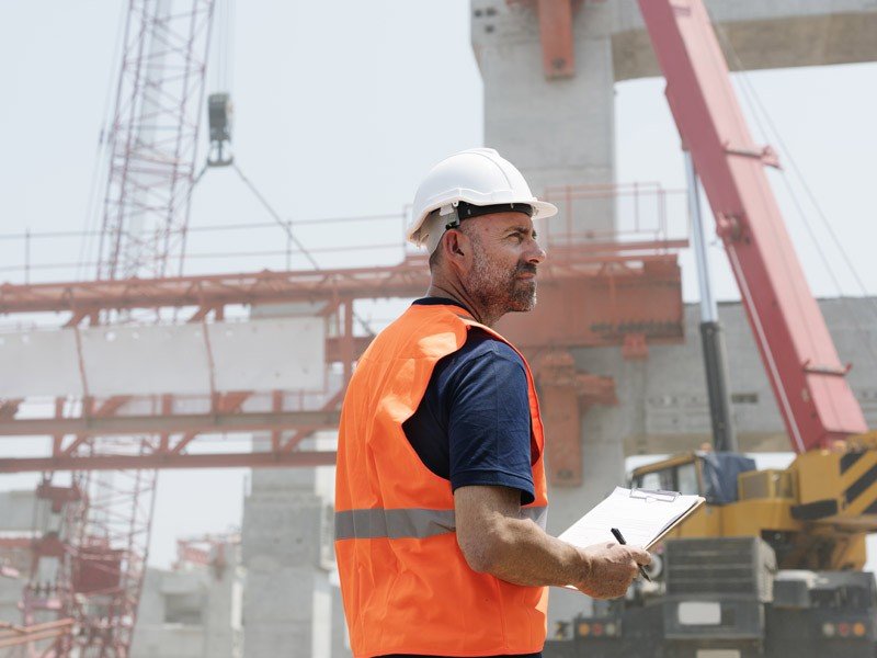 A construction worker wearing an orange jacket looking upwards in a construction site